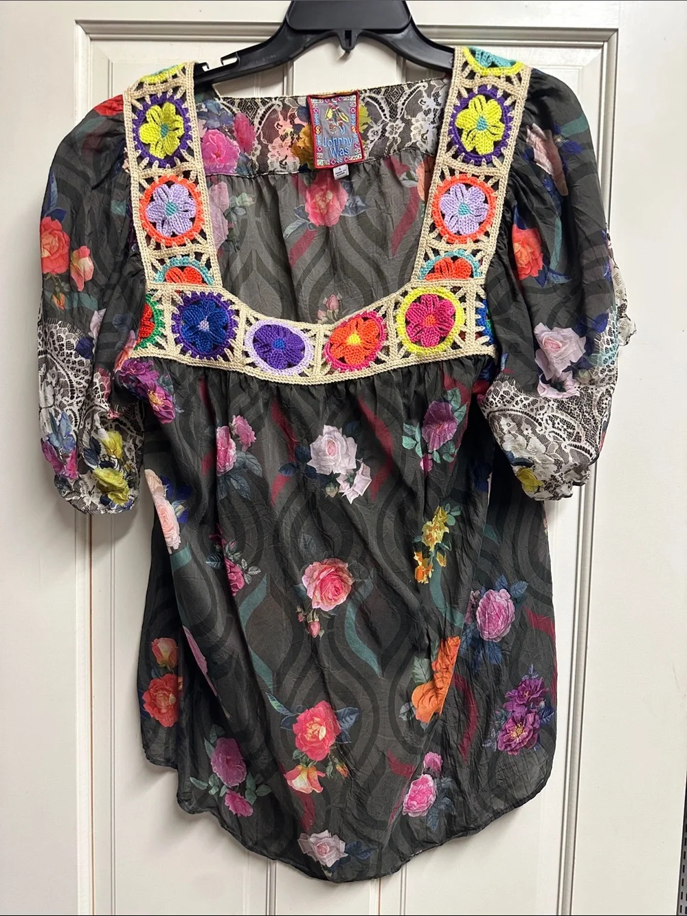 Johnny Was Black Floral Blouse with Multicolor Crochet Square Neck